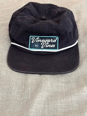Vineyard Vines Black Cap with Teal Logo & White Rope Trim